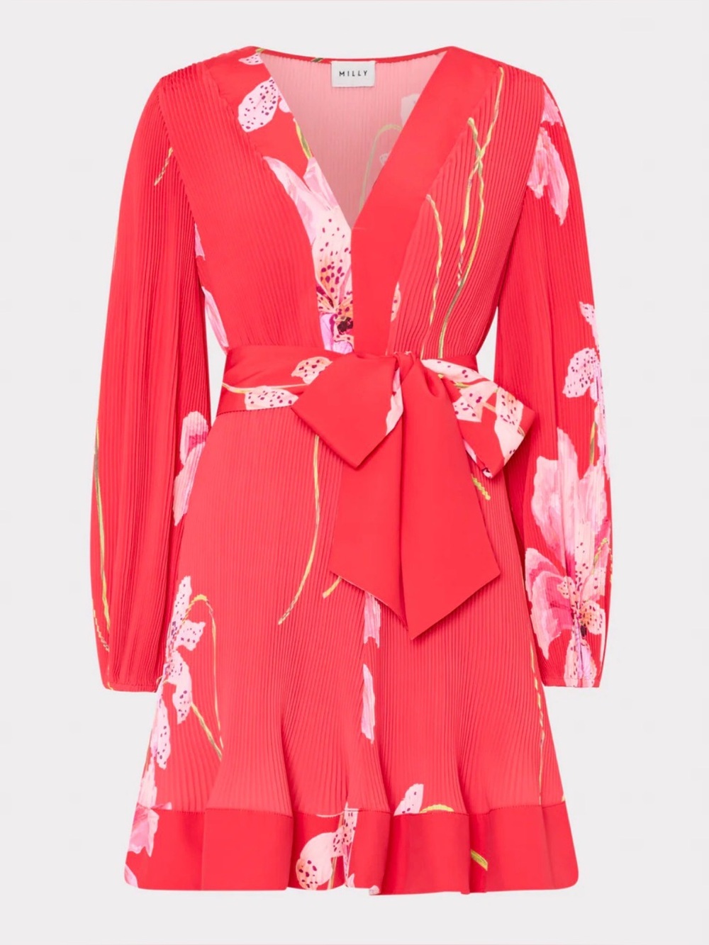 Milly Liv Pleated Floral Mini Dress NWT Red Pink Tie Waist Size 12 $450 Pleated